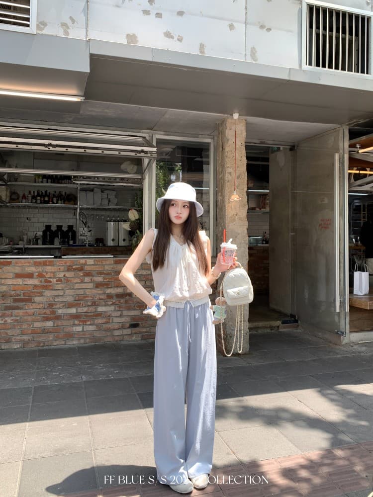 여름 아이스크림 3 색 느긋한 휴가 바람 면 린넨 구름 센스 공기 와이드 레그 팬츠 다용도 캐주얼 바지 이미지 3