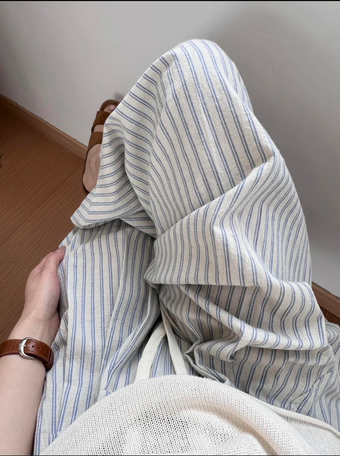허리밴드 와이드 레그 팬츠 한 부서 느긋한 바람 면 소재 세로 줄무늬 펌프 로프 봄 여름 쌀 회색 블루 스트라이프 이미지 4