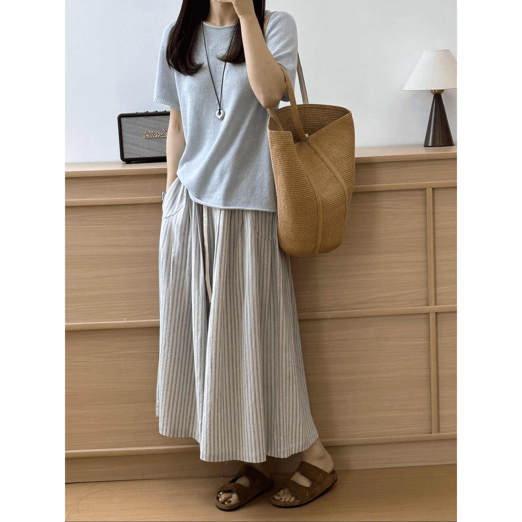 허리밴드 와이드 레그 팬츠 한 부서 느긋한 바람 면 소재 세로 줄무늬 펌프 로프 봄 여름 쌀 회색 블루 스트라이프 이미지 5