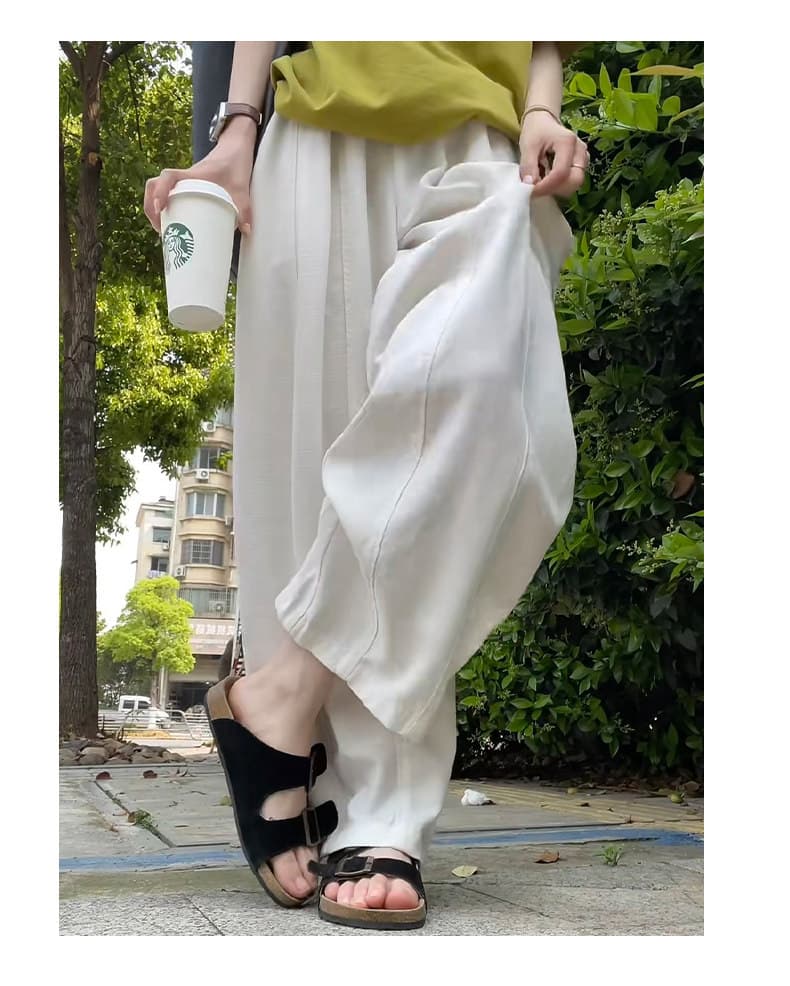 화이트 풍선 와이드 레깅스 바지 여름 얇은 스타일 하이웨이스트 루즈핏 느긋한 캐주얼 바지 작은 키 캐주얼 면 린넨 모통이 칼 바지 상세 이미지 3