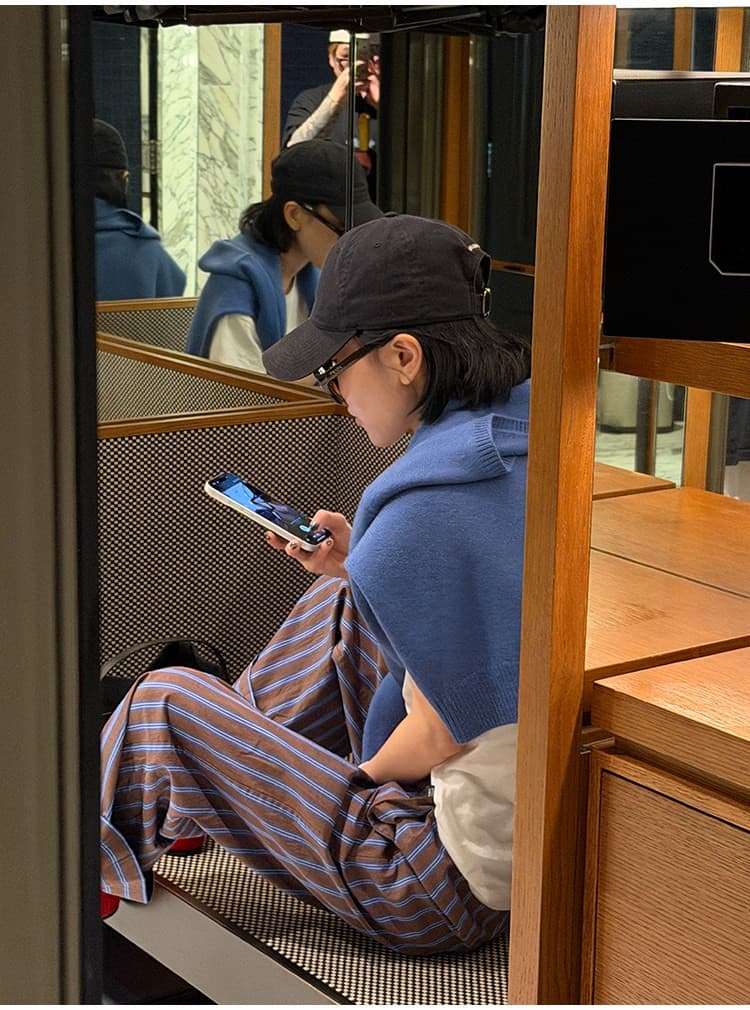 배색 스트라이프 편안함 길다 플러시 면 느긋한 허리밴드 캐주얼 바지 와이드 레그 팬츠 이미지 3
