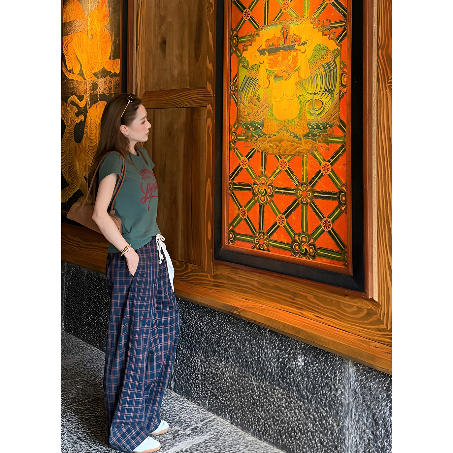 Shangri-La 비밀 상황 가을 새로운 체크무늬 펌프 로프 밴딩 패션 캐주얼 긴 바지 이미지 3