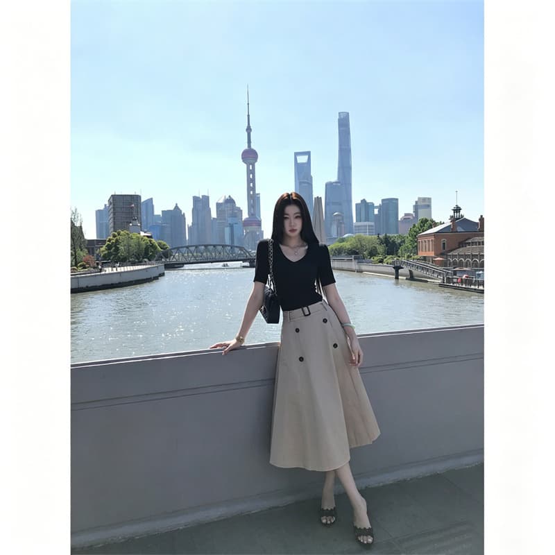 상하이 여자 일러스트레이션 영국식 바람 반신 스커트 여성 이른 가을 캐주얼 미니멀리즘 반 스커트 상세 이미지 6