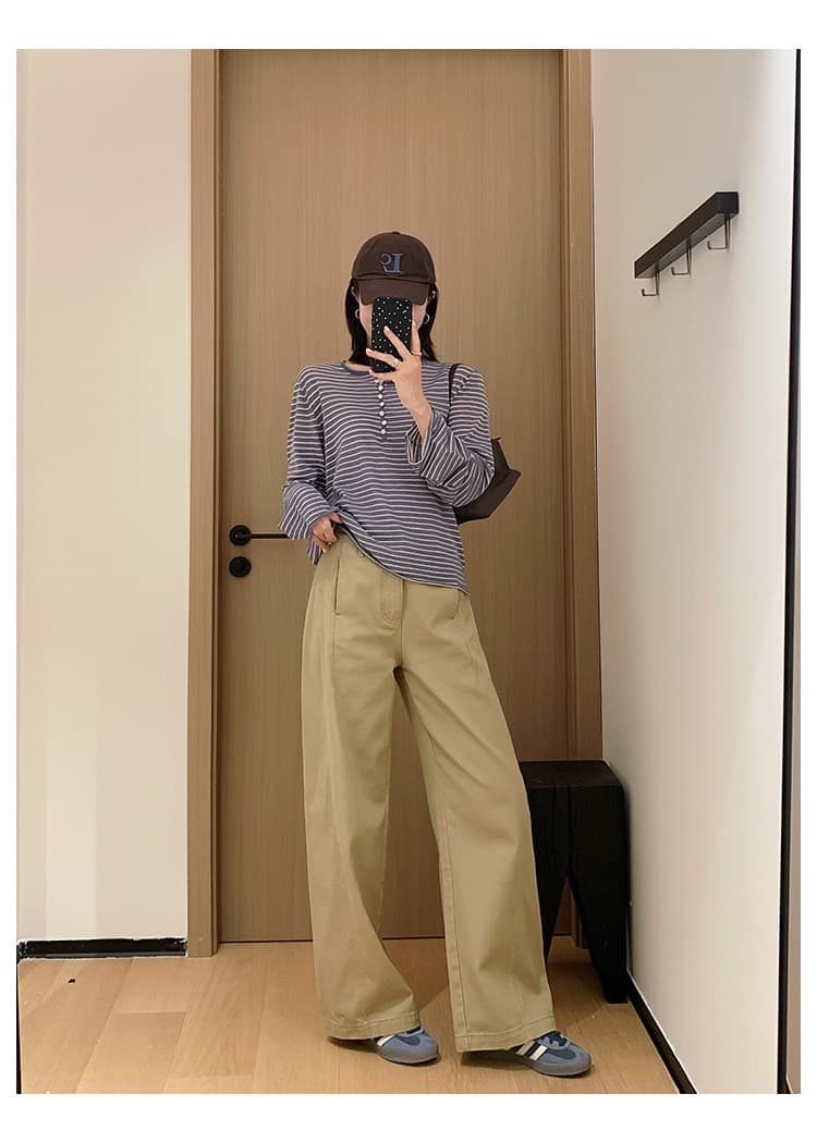 이른 가을 chao 좋은 가져 가라. 면 100% 구조 분할 와이드 레그 팬츠 루즈핏 캐주얼 바지 상세 이미지 16