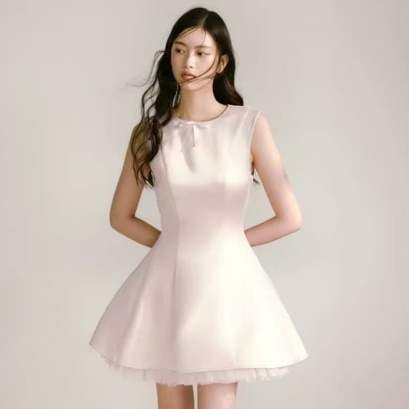 빛 핑크색 광택 새틴 조끼 여성 드레스 봄 여름 패치워크 망사 발레 바람 민소매 퍼프 스커트 이미지 6
