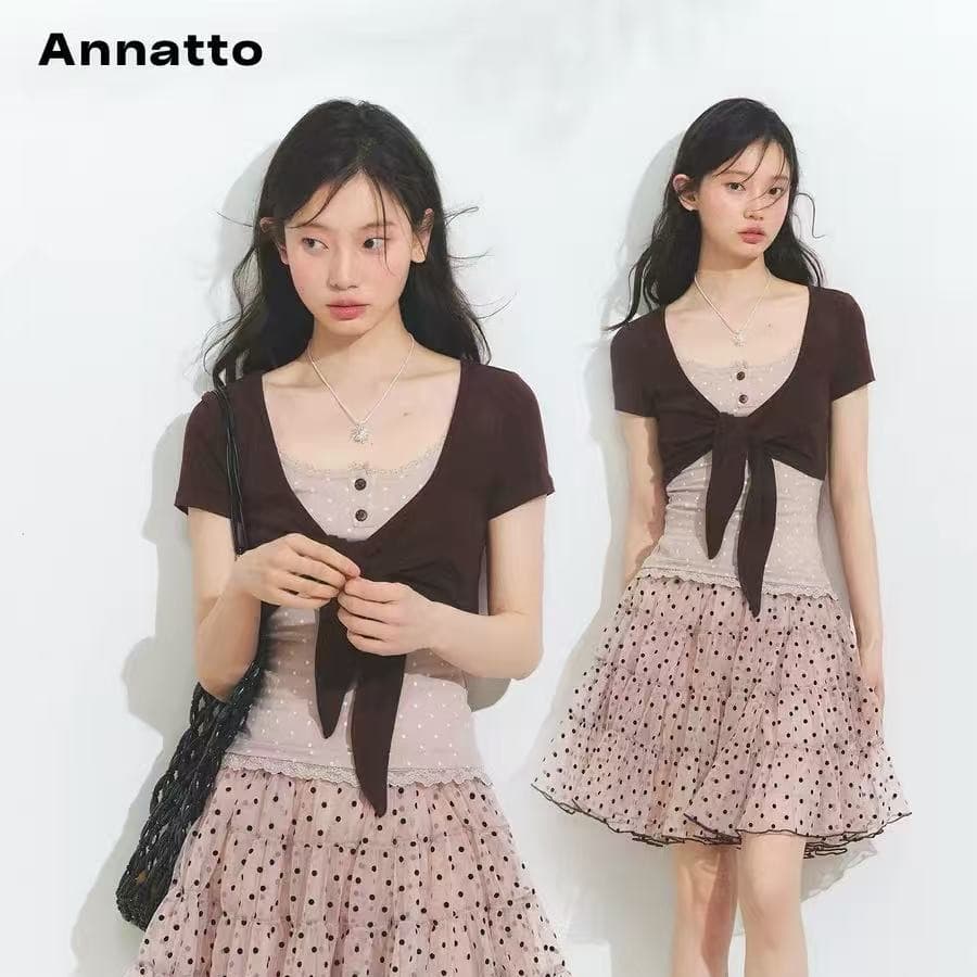 annatto 芋 진흙 우우 우우 우유 커피 페이크 레이어드 가슴 스트랩 니트 반팔 도트 무늬 망사 반신 스커트 이미지 6