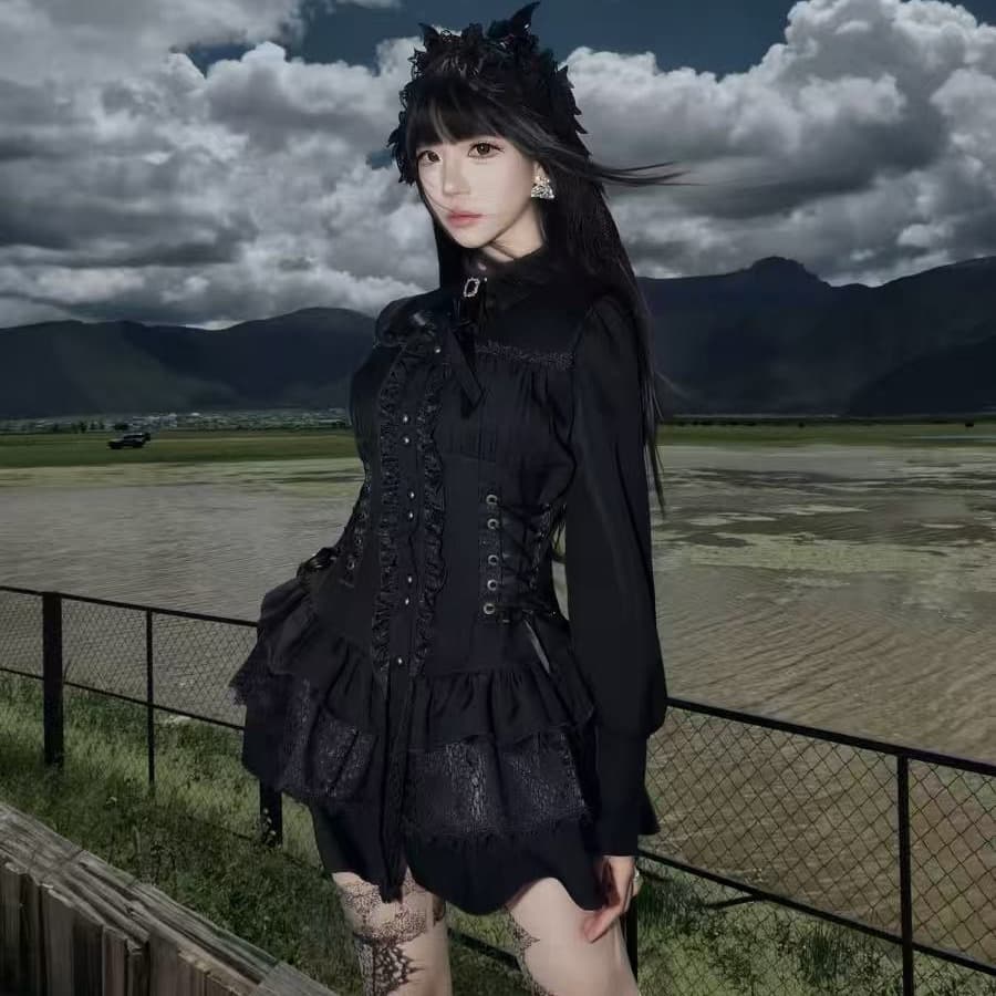 muggle studio 오리지널 디자인 형제 특별 레트로 가을 겨울 패치워크 품격 허리 수축 레이스 점프 슈트 미니 스커트 이미지 5