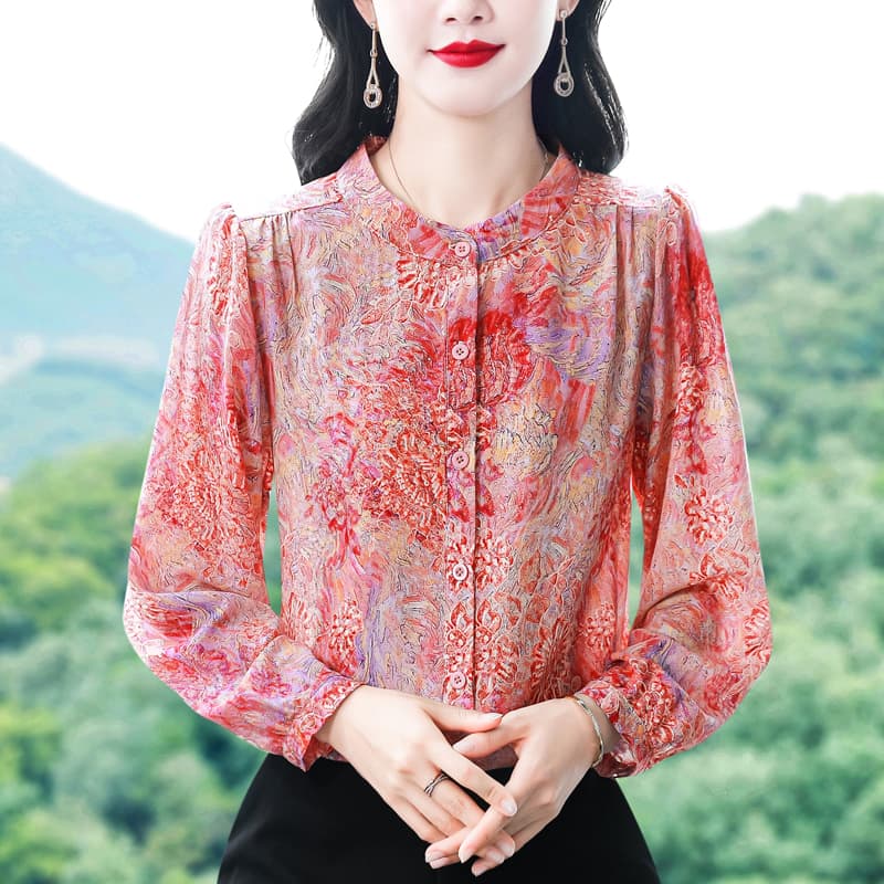 품격 연령 감소 다림질 금박 프린트 긴팔 여성 셔츠 봄 새로운 외국 가스 작은 셔츠 빅 사이즈 여성 셔츠 맨위 이미지 3