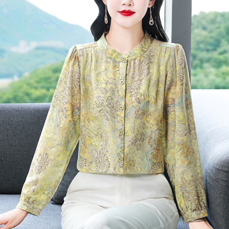 품격 연령 감소 다림질 금박 프린트 긴팔 여성 셔츠 봄 새로운 외국 가스 작은 셔츠 빅 사이즈 여성 셔츠 맨위 이미지 4