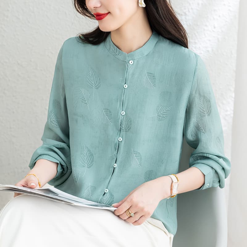 라미 의류 주간 실크 긴팔 여성 셔츠 2026 봄 새로운 레트로 스탠드 칼라 몸매 가꾸기 슬림해 보이는 패션 다용도 맨위 이미지 2