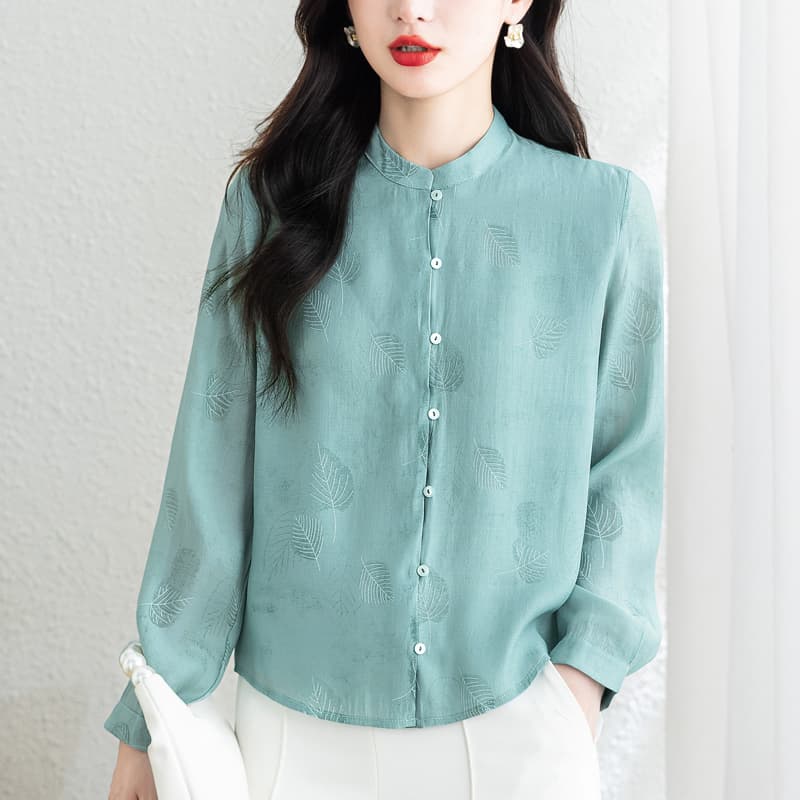 라미 의류 주간 실크 긴팔 여성 셔츠 2026 봄 새로운 레트로 스탠드 칼라 몸매 가꾸기 슬림해 보이는 패션 다용도 맨위 이미지 4