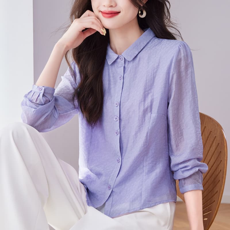 라미 의류 주간 실크 보라색 긴팔 여성 셔츠 2026 봄 새로운 문예 광장 칼라 몸매 가꾸기 슬림해 보이는 패션 다용도 맨위 이미지 4