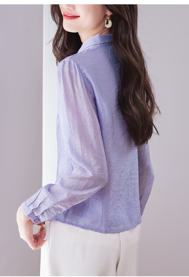 라미 의류 주간 실크 보라색 긴팔 여성 셔츠 2026 봄 새로운 문예 광장 칼라 몸매 가꾸기 슬림해 보이는 패션 다용도 맨위 상세 이미지 18