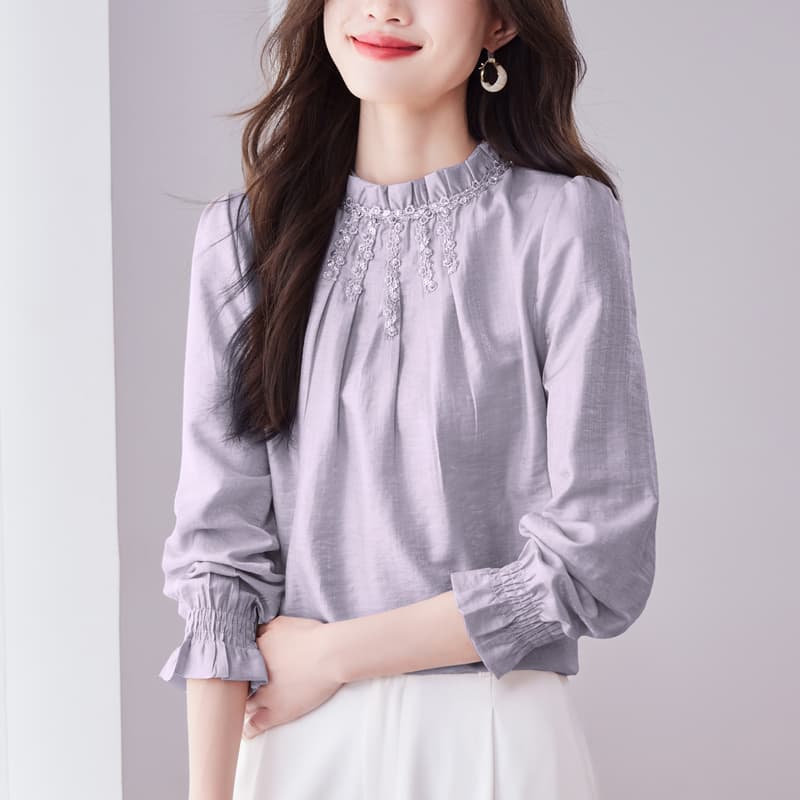 2026 새로운 한국 품격 스탠드 칼라 프릴 주름 무거운 작업 자수 비즈 박기 풀오버 긴팔 플래시 주간 실크 여성 이미지 2