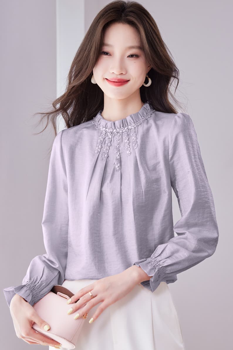 2026 새로운 한국 품격 스탠드 칼라 프릴 주름 무거운 작업 자수 비즈 박기 풀오버 긴팔 플래시 주간 실크 여성 이미지 7