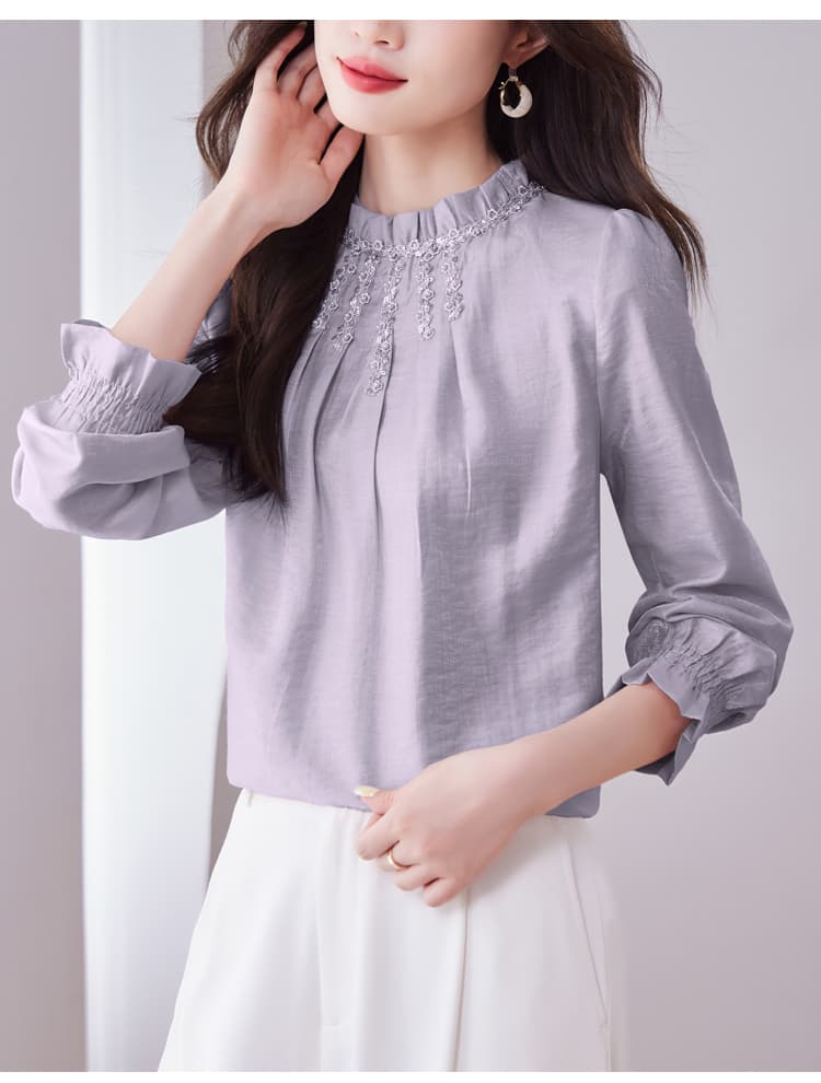 2026 새로운 한국 품격 스탠드 칼라 프릴 주름 무거운 작업 자수 비즈 박기 풀오버 긴팔 플래시 주간 실크 여성 상세 이미지 18