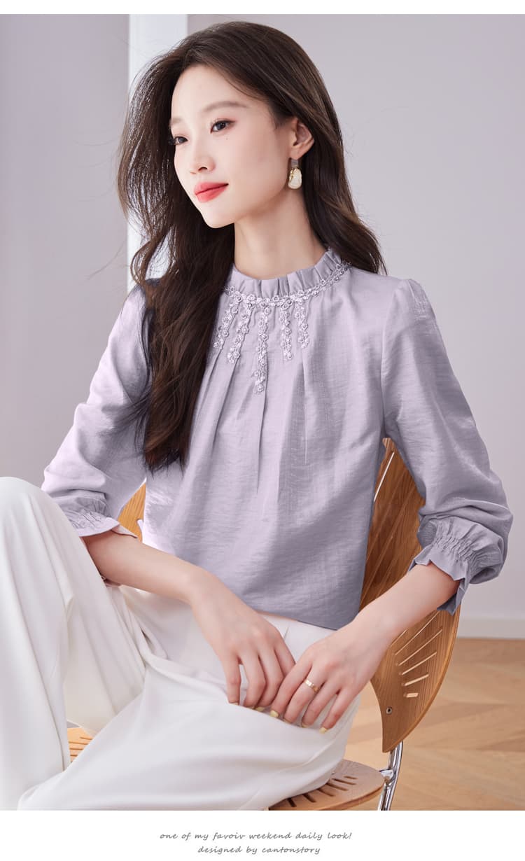 2026 새로운 한국 품격 스탠드 칼라 프릴 주름 무거운 작업 자수 비즈 박기 풀오버 긴팔 플래시 주간 실크 여성 상세 이미지 19