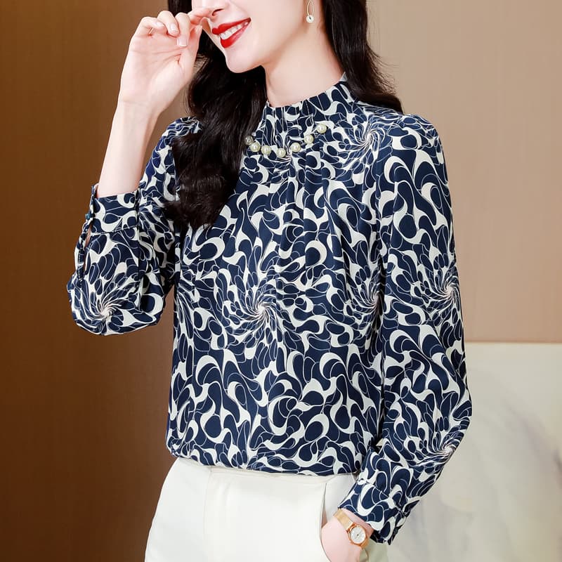 2026 년 봄 드레스 새로운 뽕나무 누에 실크 스탠드 칼라 비즈 박기 프린트 긴팔 쉬폰 여성 셔츠 봄 가을 외국 가스 셔츠 이미지 5