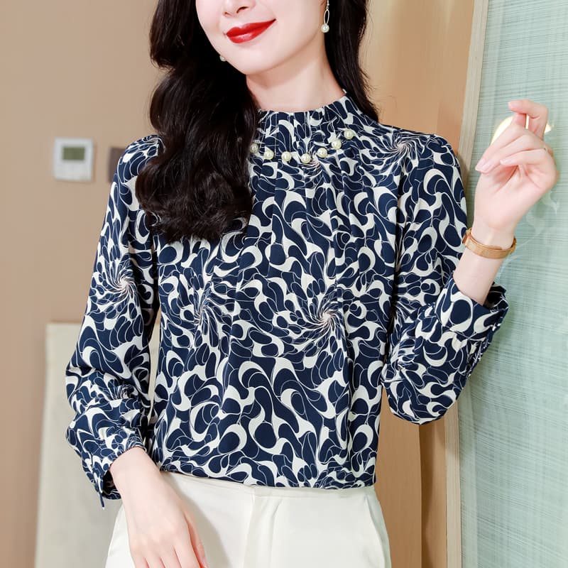 2026 년 봄 드레스 새로운 뽕나무 누에 실크 스탠드 칼라 비즈 박기 프린트 긴팔 쉬폰 여성 셔츠 봄 가을 외국 가스 셔츠 이미지 4