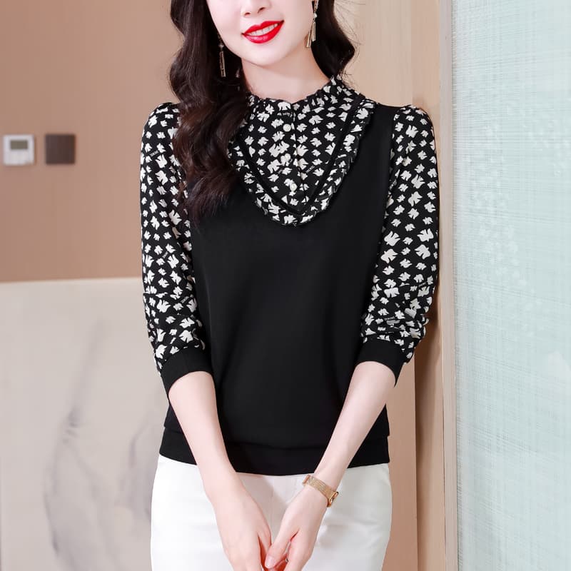 실사 외국 가스 스탠드 칼라 여성 의류 2026 봄 가을 긴팔 기본 셔츠 프릴 슬림해 보이는 셔츠 프린트 맨위 이미지 4
