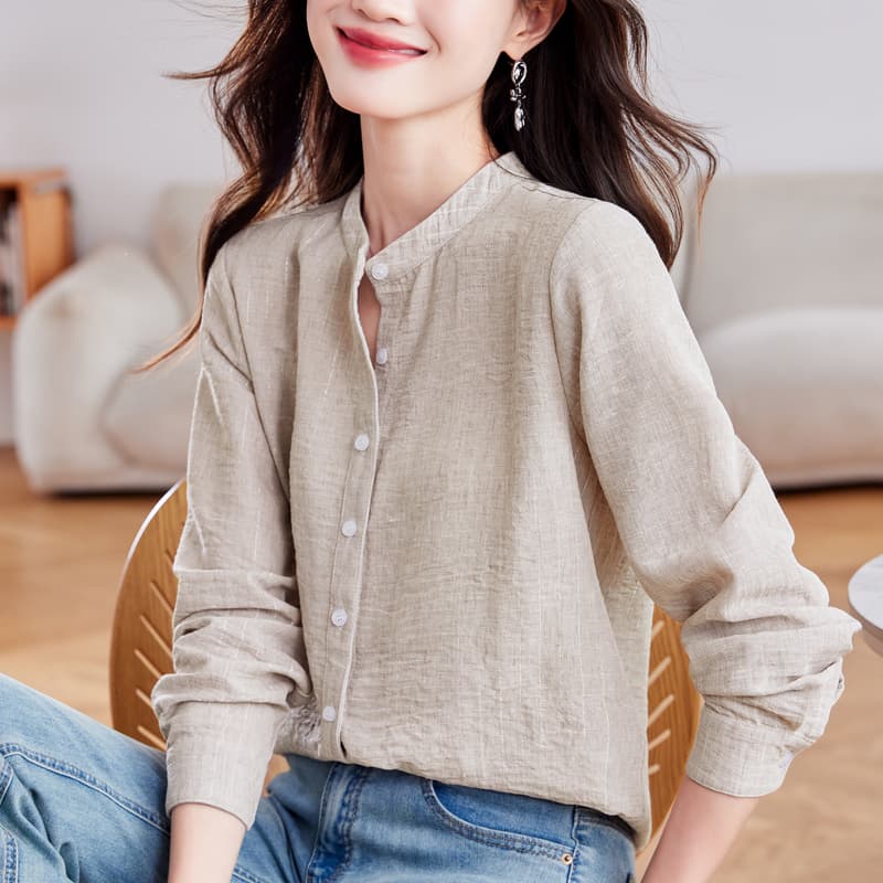 실사 봄 가을 고급 은사 모방 마 긴팔 싱글 줄 버튼 스탠드 칼라 루즈핏 슬림해 보이는 단색 여성 의류 셔츠 맨위 이미지 4