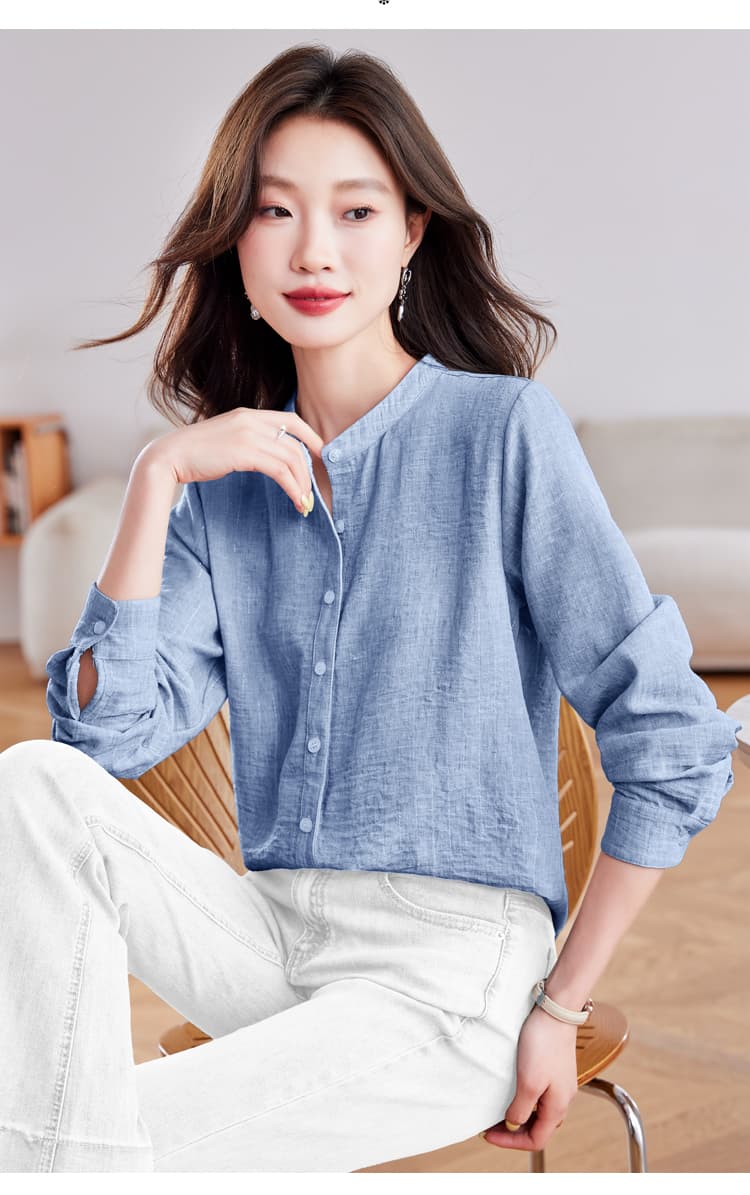 실사 봄 가을 고급 은사 모방 마 긴팔 싱글 줄 버튼 스탠드 칼라 루즈핏 슬림해 보이는 단색 여성 의류 셔츠 맨위 상세 이미지 28