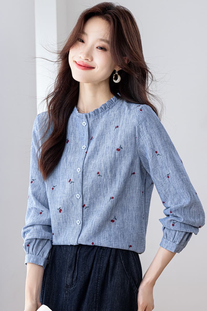 모방 마 체리 프린트 여성 셔츠 봄 2026 새로운 프릴 스탠드 칼라 긴팔 다용도 슬림해 보이는 외국 가스 맨위 이미지 7