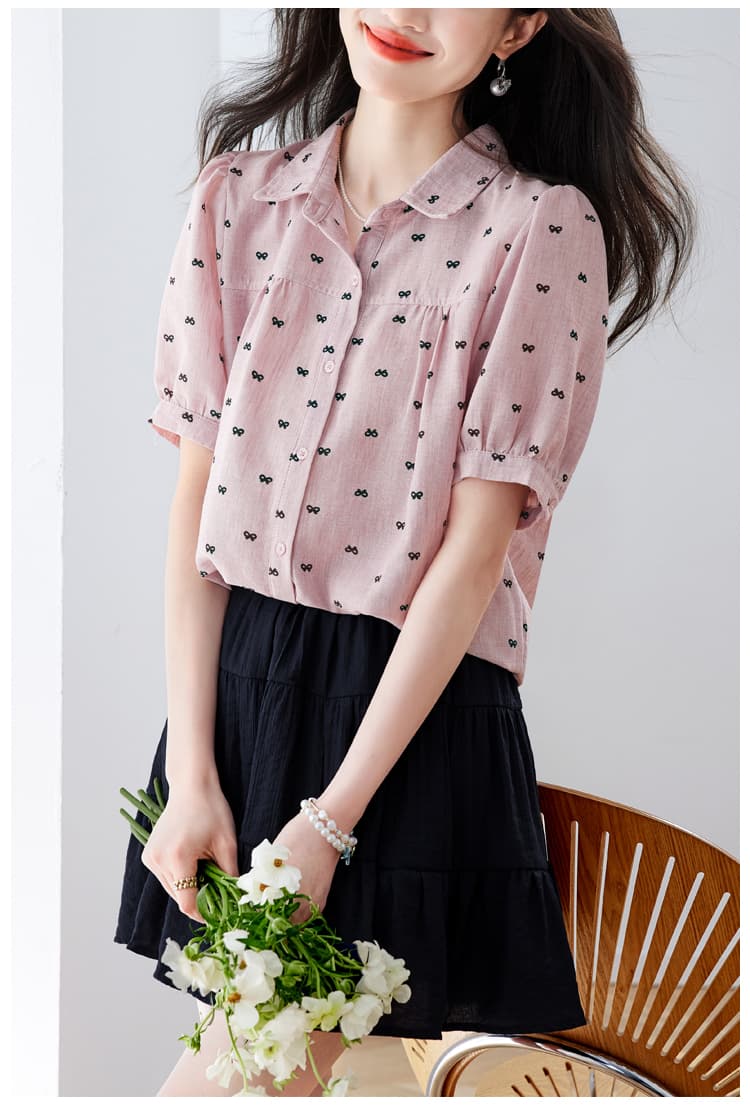 실사 패션 미니멀리즘 작은 폴로 칼라 벌룬 소매 모방 마 프린트 여성 셔츠 여름 루즈핏 연령 감소 슬림해 보이는 맨위 상세 이미지 15