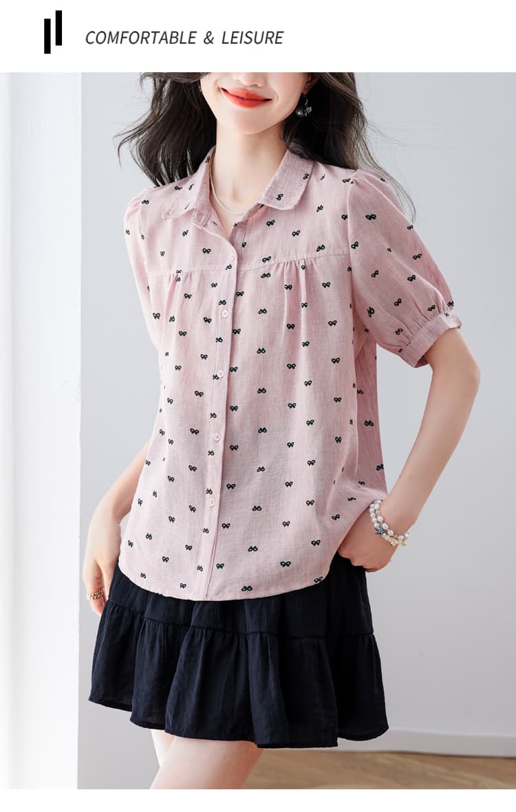 실사 패션 미니멀리즘 작은 폴로 칼라 벌룬 소매 모방 마 프린트 여성 셔츠 여름 루즈핏 연령 감소 슬림해 보이는 맨위 상세 이미지 16