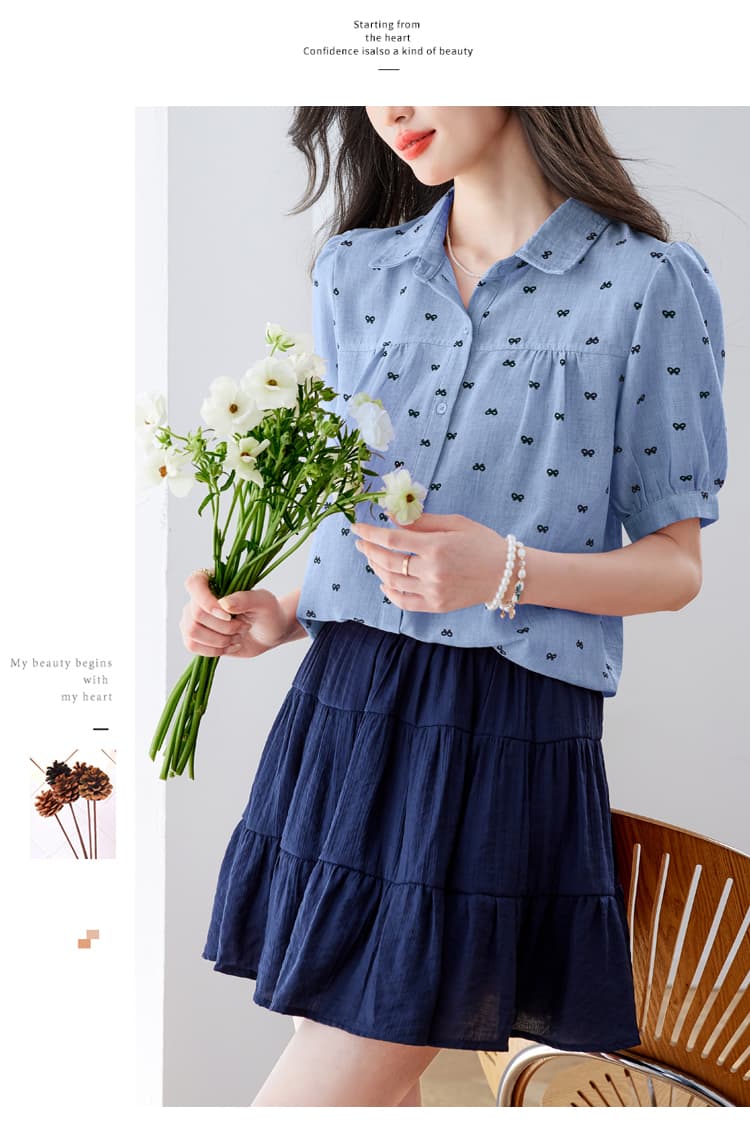 실사 패션 미니멀리즘 작은 폴로 칼라 벌룬 소매 모방 마 프린트 여성 셔츠 여름 루즈핏 연령 감소 슬림해 보이는 맨위 상세 이미지 23