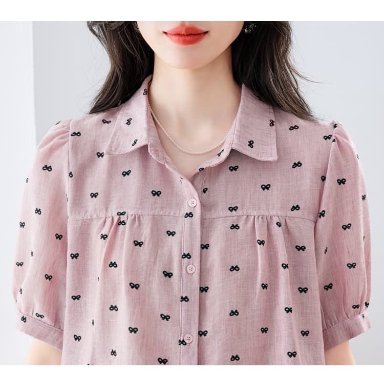 실사 패션 미니멀리즘 작은 폴로 칼라 벌룬 소매 모방 마 프린트 여성 셔츠 여름 루즈핏 연령 감소 슬림해 보이는 맨위 상세 이미지 26