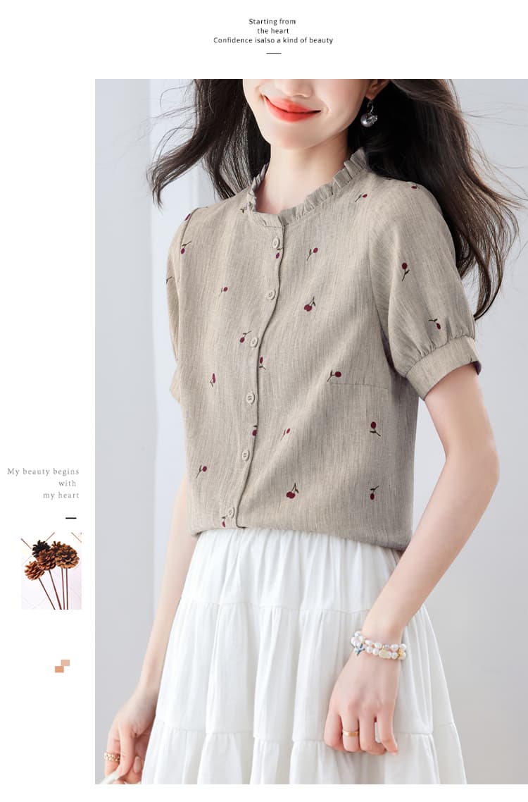 모방 마 체리 프린트 여성 셔츠 여름 2026 새로운 프릴 스탠드 칼라 반팔 다용도 슬림해 보이는 외국 가스 맨위 상세 이미지 30