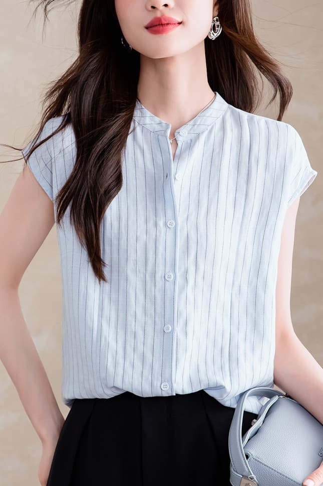 실사 고급 2026 년 여름 새로운 프랑스식 스탠드 칼라 품격 면 린넨 스트라이프 반팔 셔츠 외국 가스 맨위 이미지 7