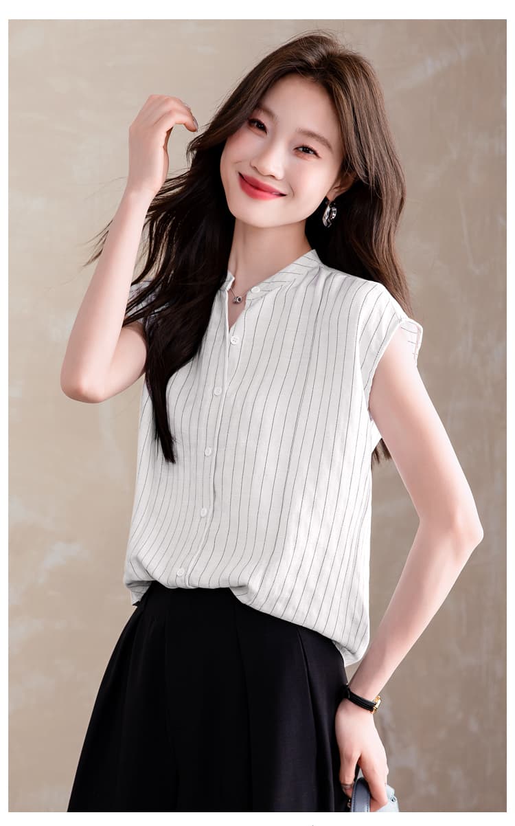 실사 고급 2026 년 여름 새로운 프랑스식 스탠드 칼라 품격 면 린넨 스트라이프 반팔 셔츠 외국 가스 맨위 상세 이미지 25