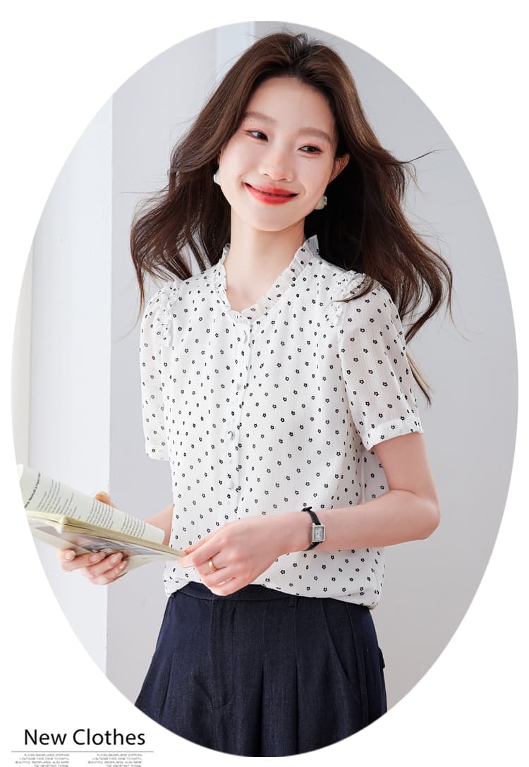 실사 여름 새로운 패션 외국 가스 연령 감소 프린트 반팔 여성 품격 다용도 슬림해 보이는 프릴 맨위 상세 이미지 25