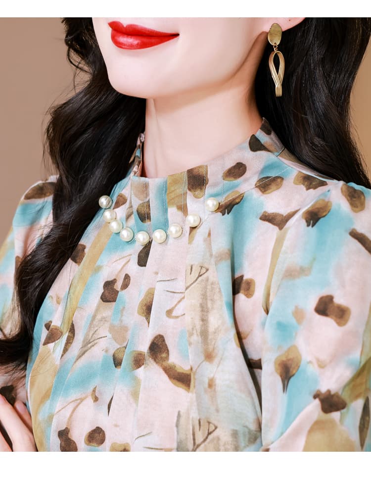 스탠드 칼라 쉬폰 꽃무늬 여성 셔츠 2026 봄 가을 새로운 고급 외국 가스 엄마 만나는 셔츠 인사이드 잡아라. 의류 상세 이미지 3