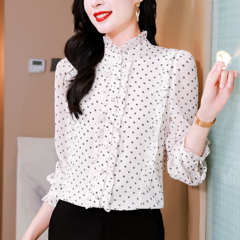2026 새로운 작은 스탠드 칼라 화이트 꽃무늬 여성 셔츠 봄 가을 긴팔 셔츠 품격 고급 프랑스식 쉬폰 톱 이미지 3