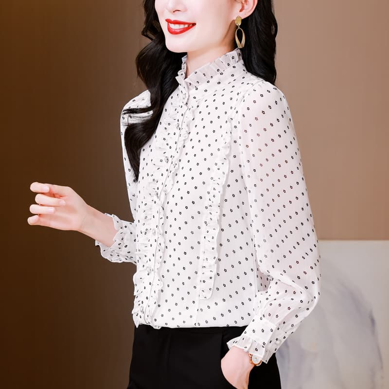 2026 새로운 작은 스탠드 칼라 화이트 꽃무늬 여성 셔츠 봄 가을 긴팔 셔츠 품격 고급 프랑스식 쉬폰 톱 이미지 4