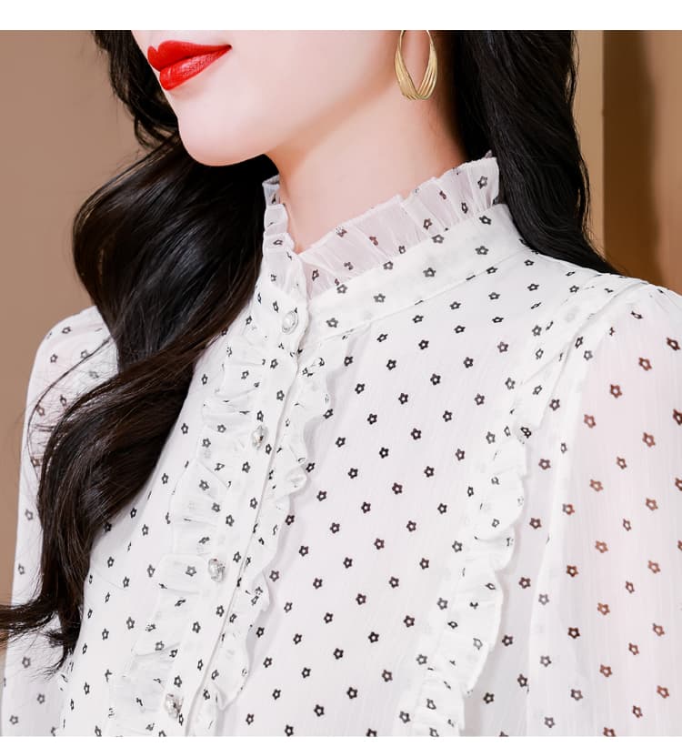 2026 새로운 작은 스탠드 칼라 화이트 꽃무늬 여성 셔츠 봄 가을 긴팔 셔츠 품격 고급 프랑스식 쉬폰 톱 상세 이미지 18