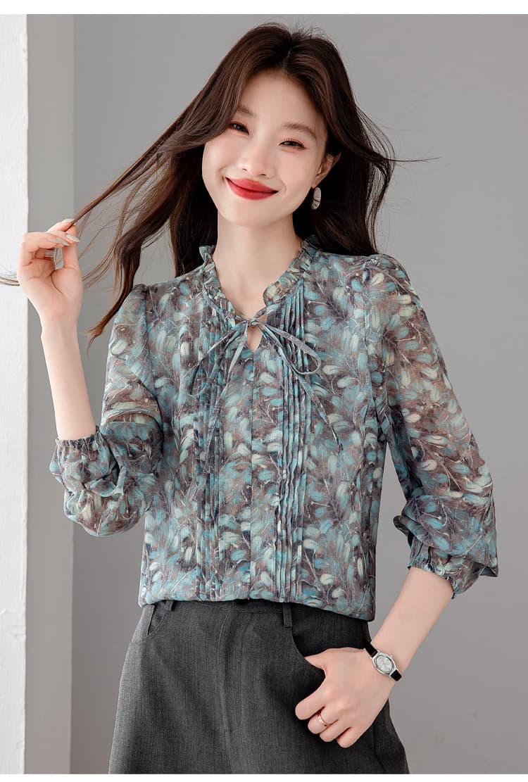 숙녀 바람 프릴 스탠드 칼라 프린트 쉬폰 여성 셔츠 2026 새로운 긴팔 레이스업 주름 고급 센스 맨위 상세 이미지 20