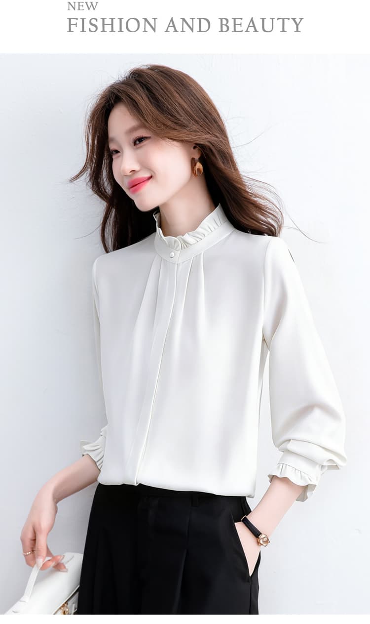 긴팔 여성 셔츠 2026 가을 새로운 한국 스타일 루즈핏 스탠드 칼라 단색 맨위 디자인 센스 연령 감소 셔츠 상세 이미지 31