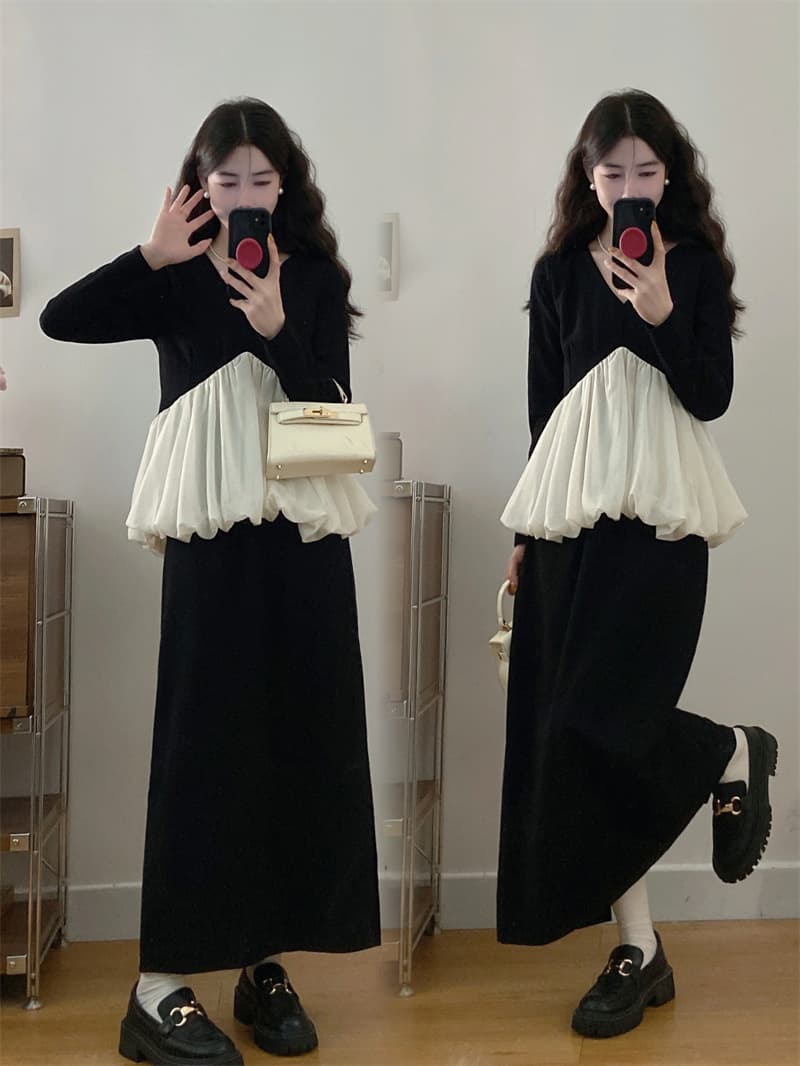 실사 봄 가을 레트로 궁정 바람 긴팔 V넥 배색 푹신한 맨위 허리밴드 캐주얼 트임 반 스커트 세트