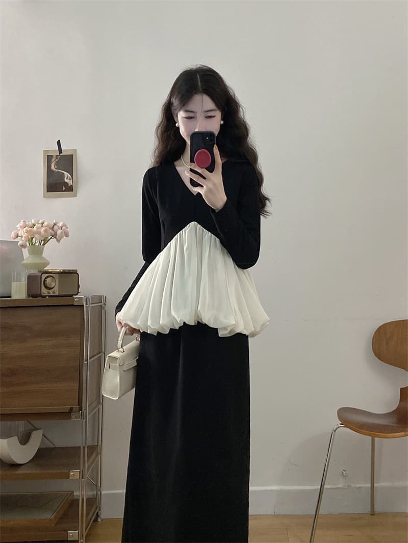실사 봄 가을 레트로 궁정 바람 긴팔 V넥 배색 푹신한 맨위 허리밴드 캐주얼 트임 반 스커트 세트 이미지 2