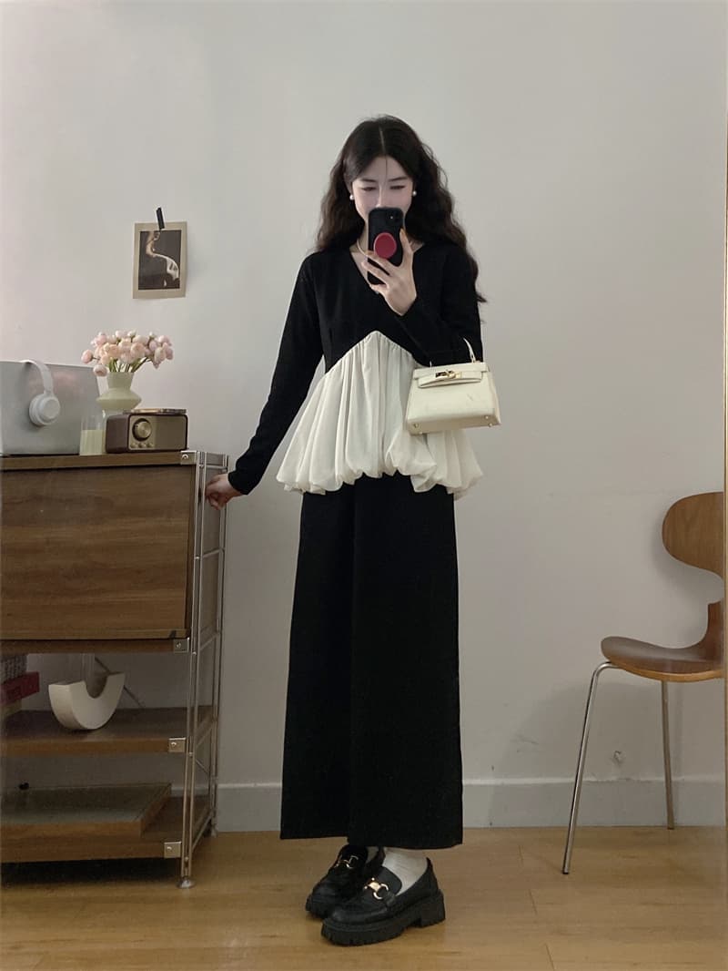 실사 봄 가을 레트로 궁정 바람 긴팔 V넥 배색 푹신한 맨위 허리밴드 캐주얼 트임 반 스커트 세트 상세 이미지 2