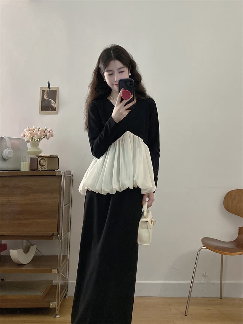 실사 봄 가을 레트로 궁정 바람 긴팔 V넥 배색 푹신한 맨위 허리밴드 캐주얼 트임 반 스커트 세트 상세 이미지 4