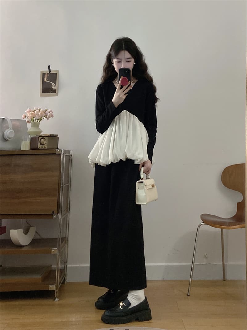 실사 봄 가을 레트로 궁정 바람 긴팔 V넥 배색 푹신한 맨위 허리밴드 캐주얼 트임 반 스커트 세트 상세 이미지 8
