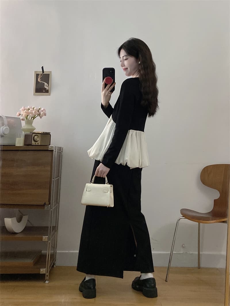 실사 봄 가을 레트로 궁정 바람 긴팔 V넥 배색 푹신한 맨위 허리밴드 캐주얼 트임 반 스커트 세트 상세 이미지 11
