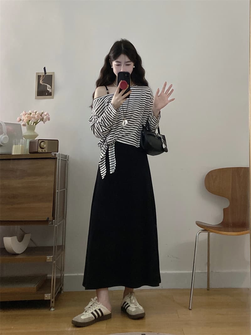 실사 얇은 스타일 스트라이프 얼음 실크 센스 풀오버 불규칙 자외선 차단 블라우스 슬립 무릎 아래 롱 스커트 패션 투피스 세트 이미지 4