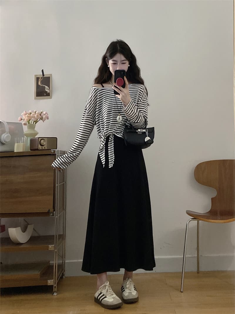 실사 얇은 스타일 스트라이프 얼음 실크 센스 풀오버 불규칙 자외선 차단 블라우스 슬립 무릎 아래 롱 스커트 패션 투피스 세트 상세 이미지 3