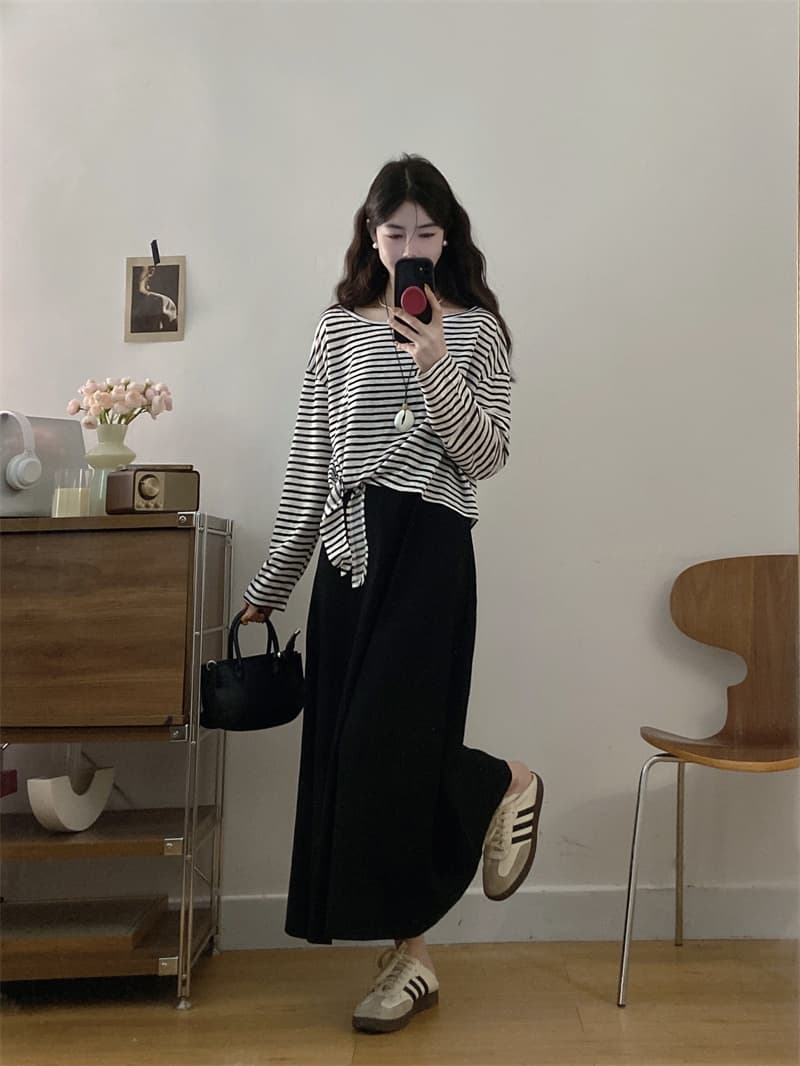 실사 얇은 스타일 스트라이프 얼음 실크 센스 풀오버 불규칙 자외선 차단 블라우스 슬립 무릎 아래 롱 스커트 패션 투피스 세트 상세 이미지 8